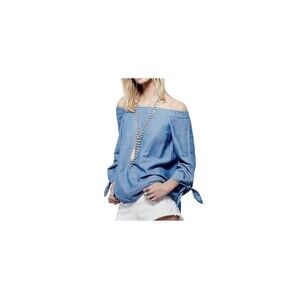 Free People Show Me Some Shoulder Linen Chambray Top Women’s S Blue